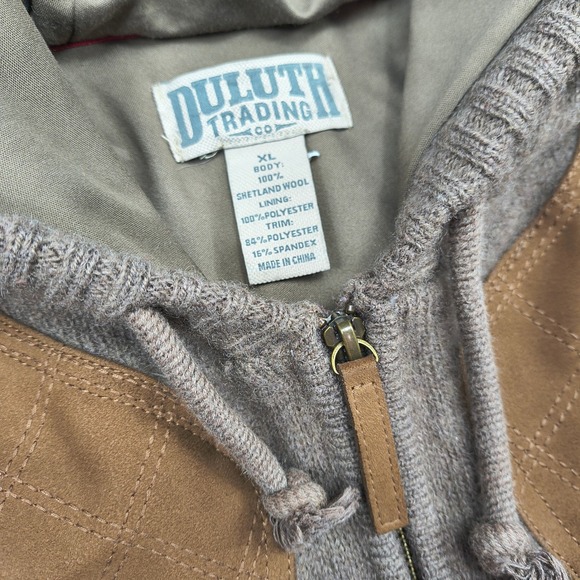 Duluth Trading Mens XL Shetland Wool Full Zip Hooded Sweater Brown Quilted Trim - Picture 10 of 11